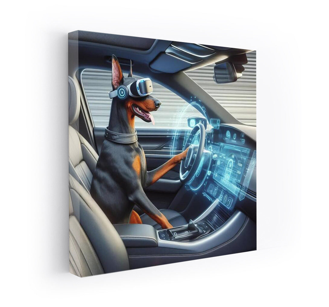 Doberman at the wheel of the car of the future: Virtual reality and speed
