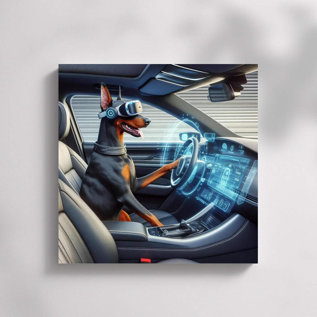 Doberman at the wheel of the car of the future: Virtual reality and speed