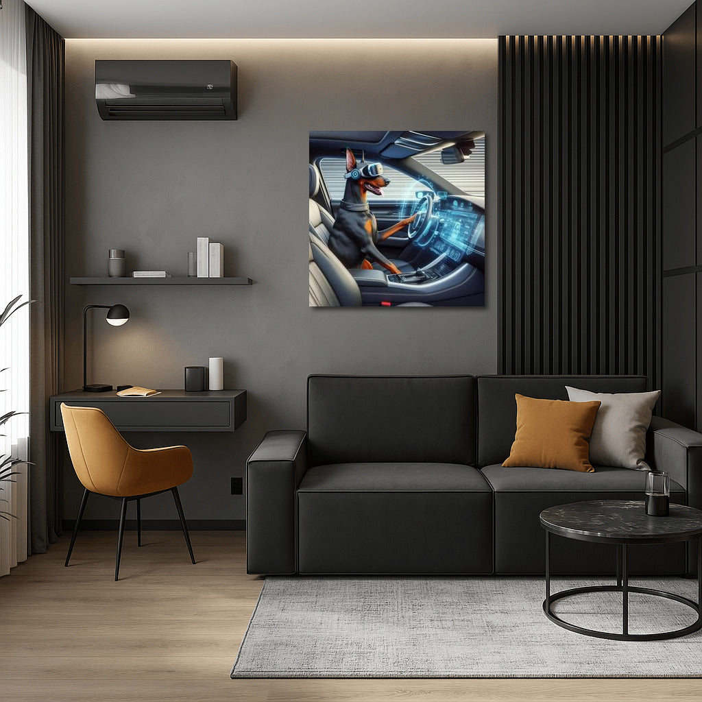 Doberman at the wheel of the car of the future: Virtual reality and speed
