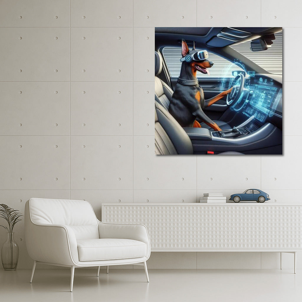 Doberman at the wheel of the car of the future: Virtual reality and speed