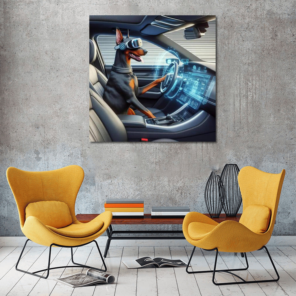Doberman at the wheel of the car of the future: Virtual reality and speed