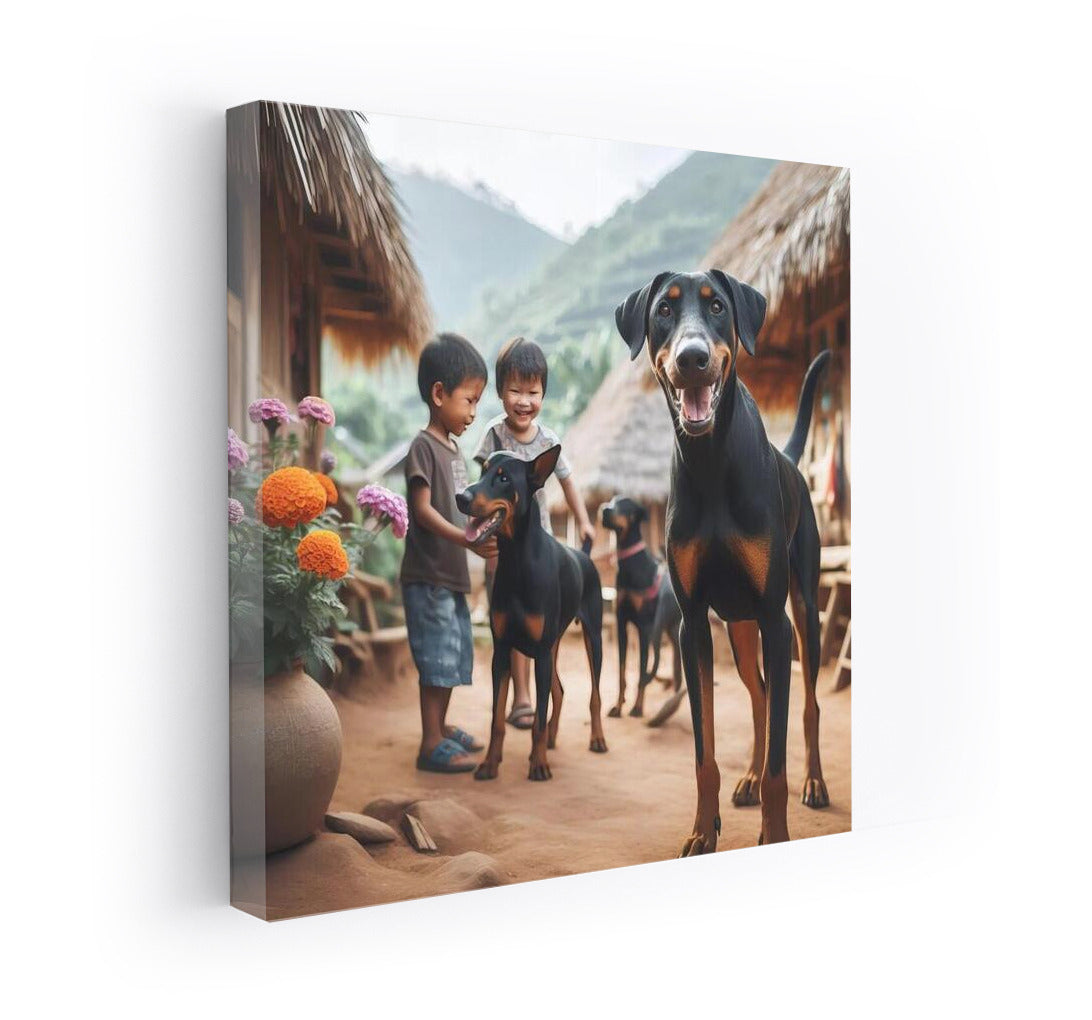 Doberman in the Village: Vivid Landscape with a Friendly Doberman