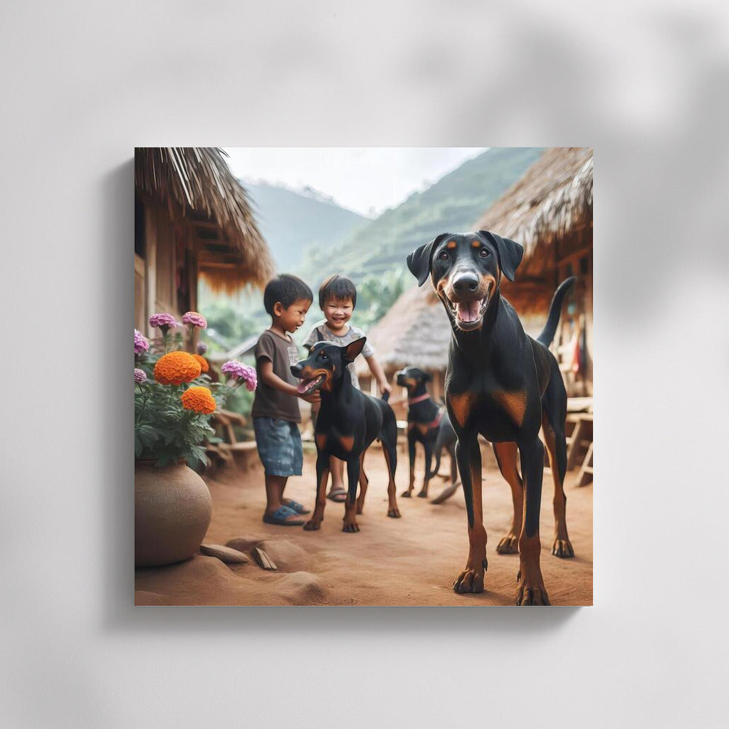 Doberman in the Village: Vivid Landscape with a Friendly Doberman
