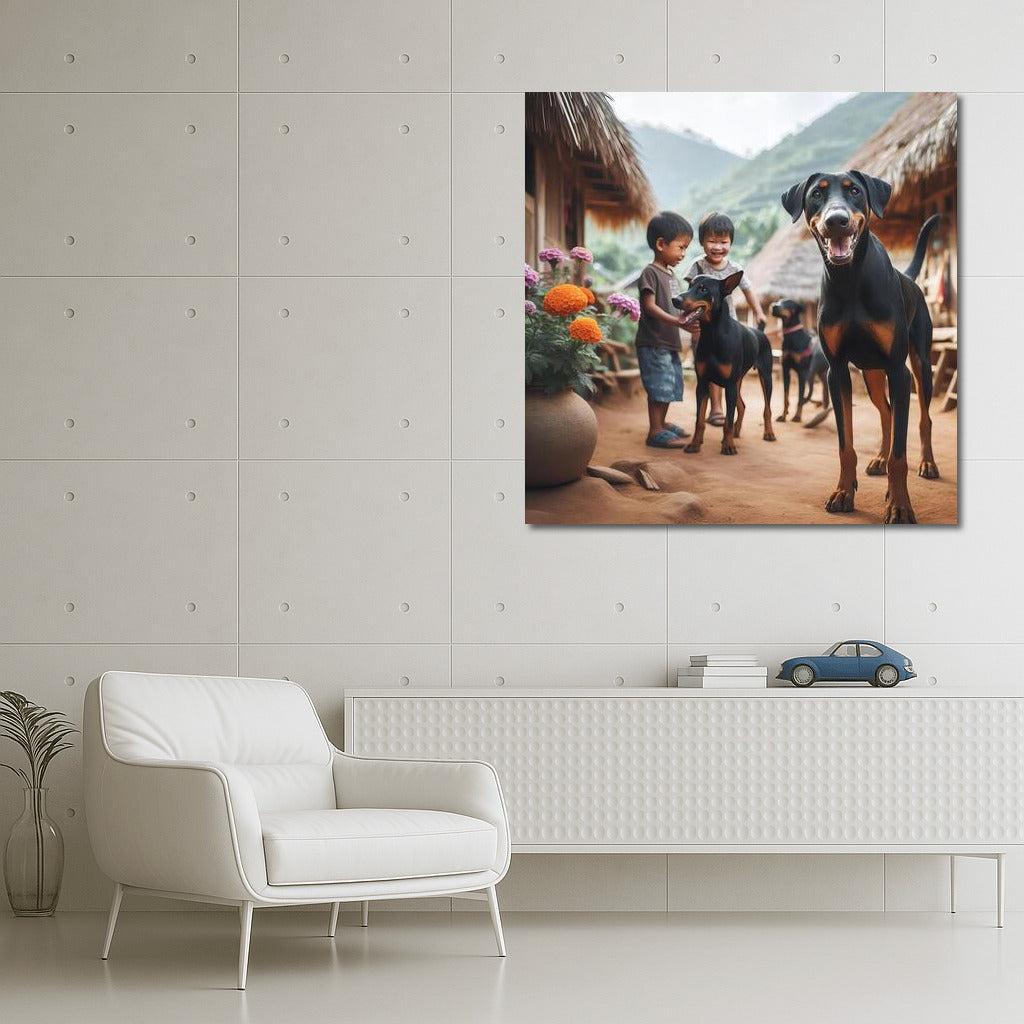 Doberman in the Village: Vivid Landscape with a Friendly Doberman