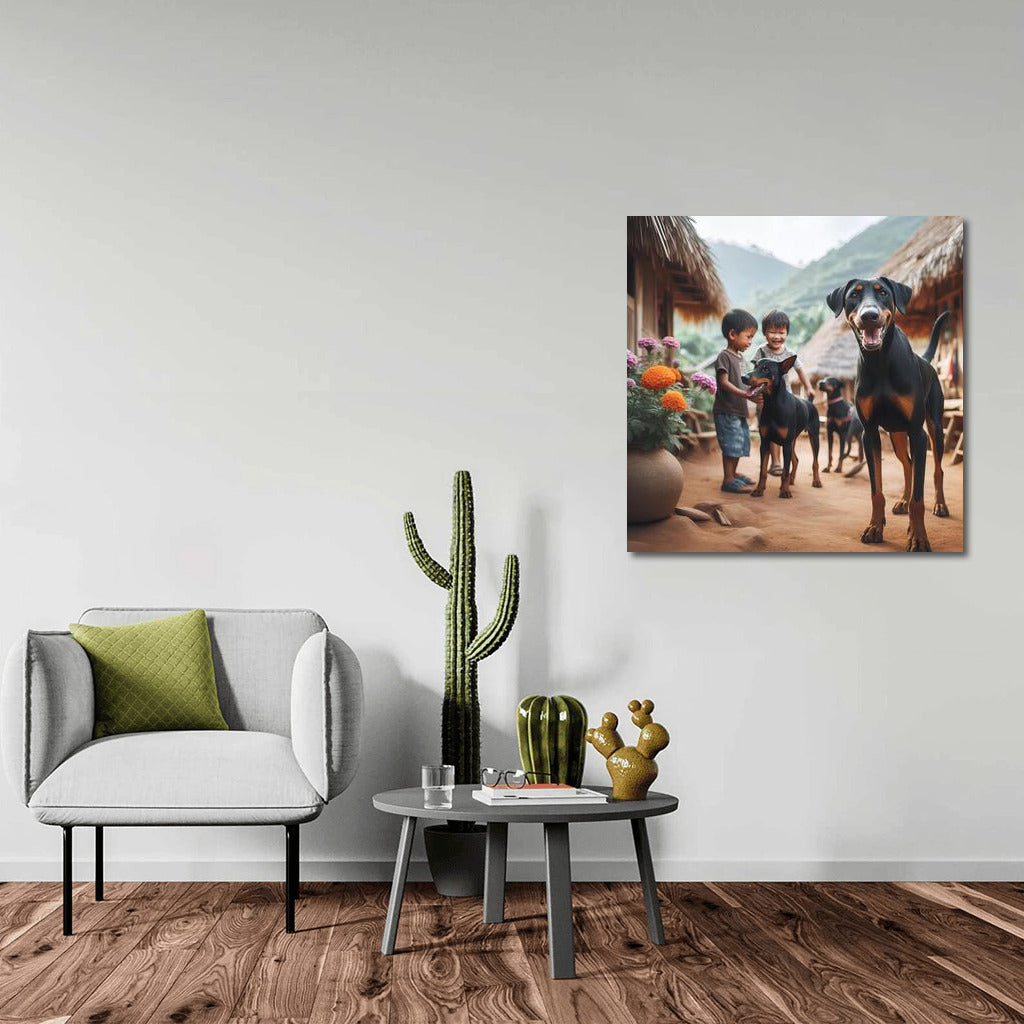 Doberman in the Village: Vivid Landscape with a Friendly Doberman