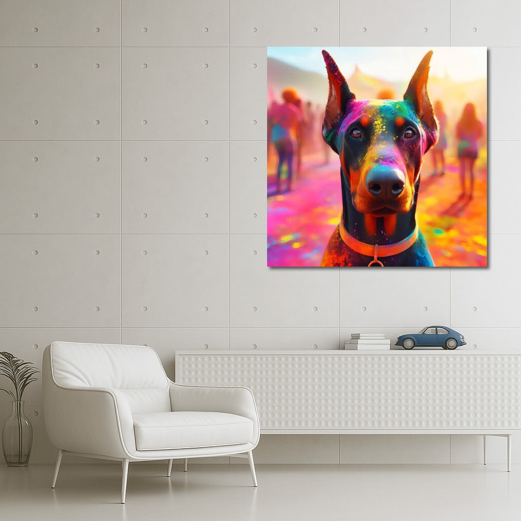 Doberman in Holi's Colourful Vortex: Explosion of Vivid Emotions