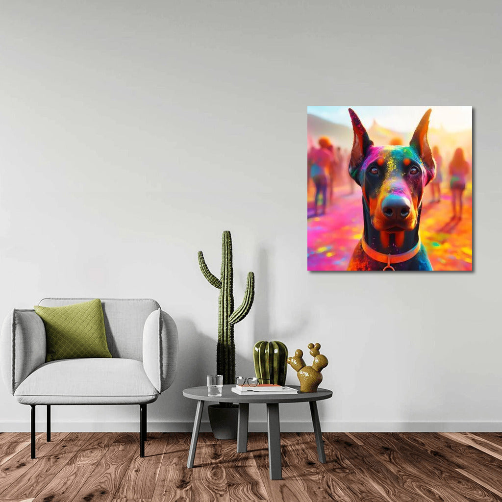 Doberman in Holi's Colourful Vortex: Explosion of Vivid Emotions