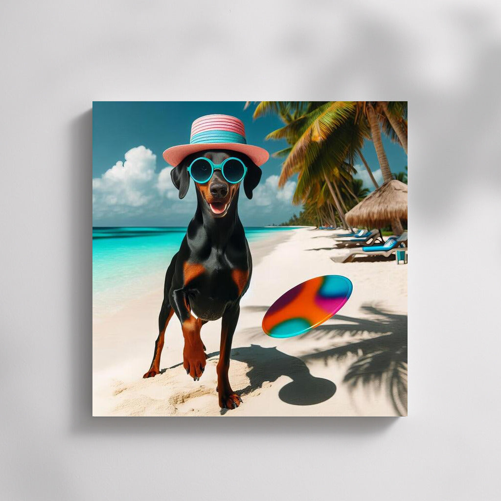 Doberman in a Hat: Summer Chic on the Beach