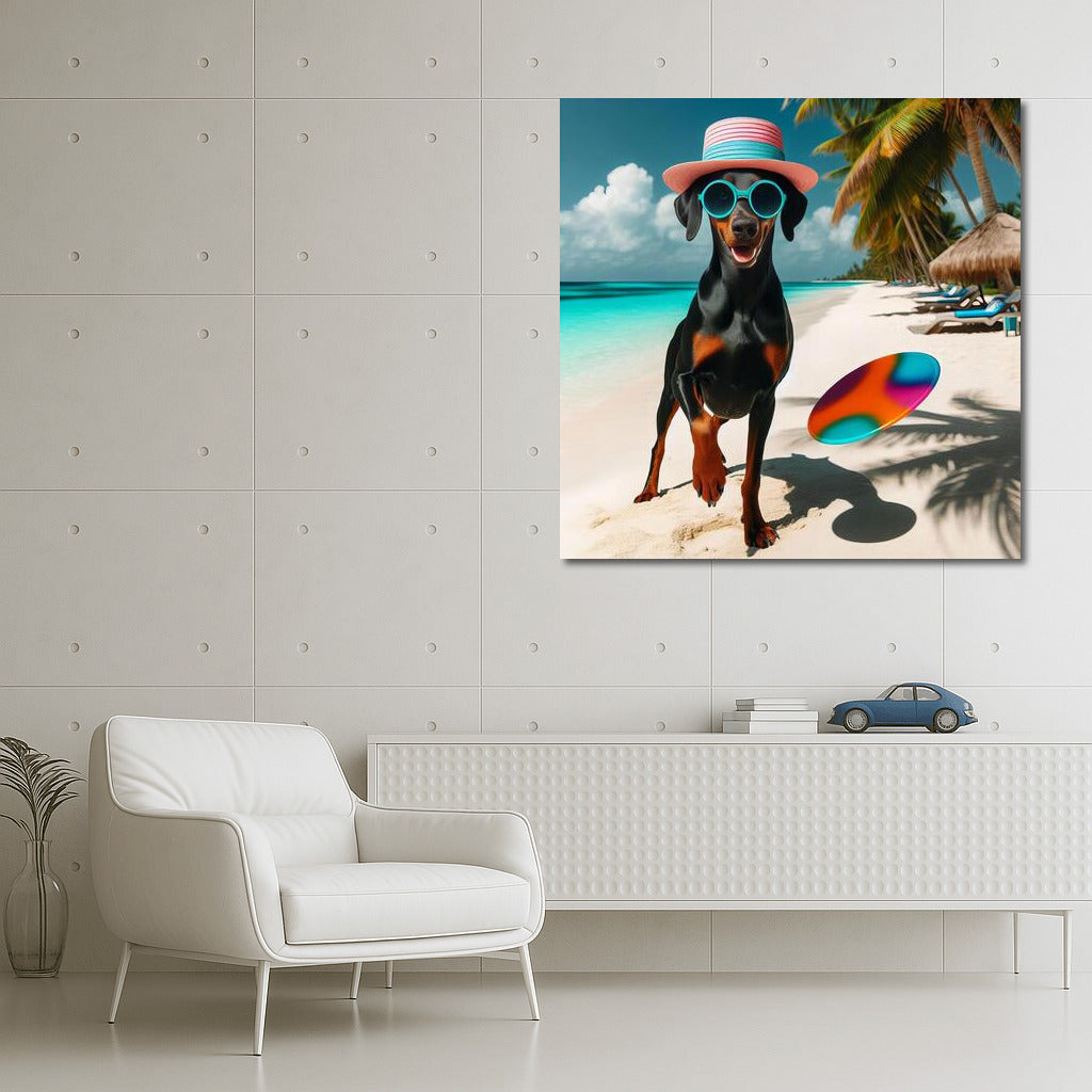 Doberman in a Hat: Summer Chic on the Beach