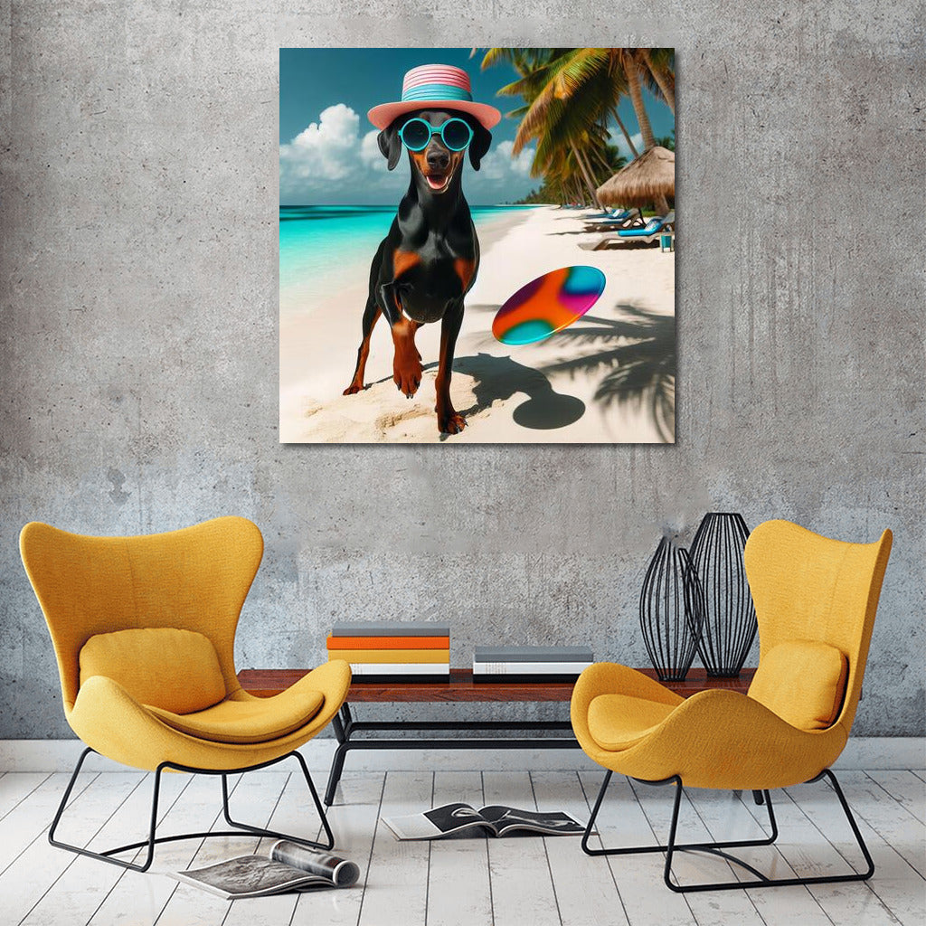 Doberman in a Hat: Summer Chic on the Beach