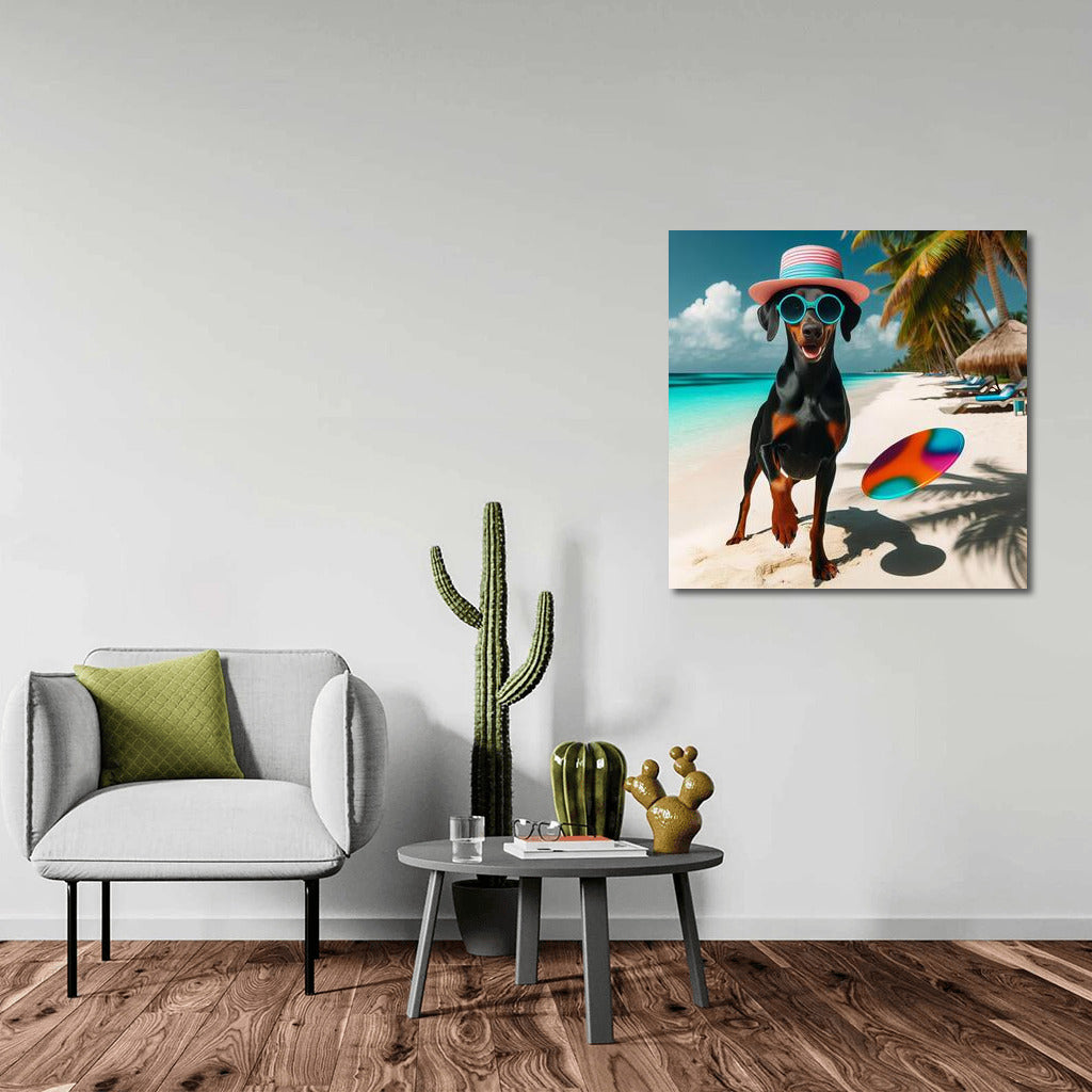 Doberman in a Hat: Summer Chic on the Beach