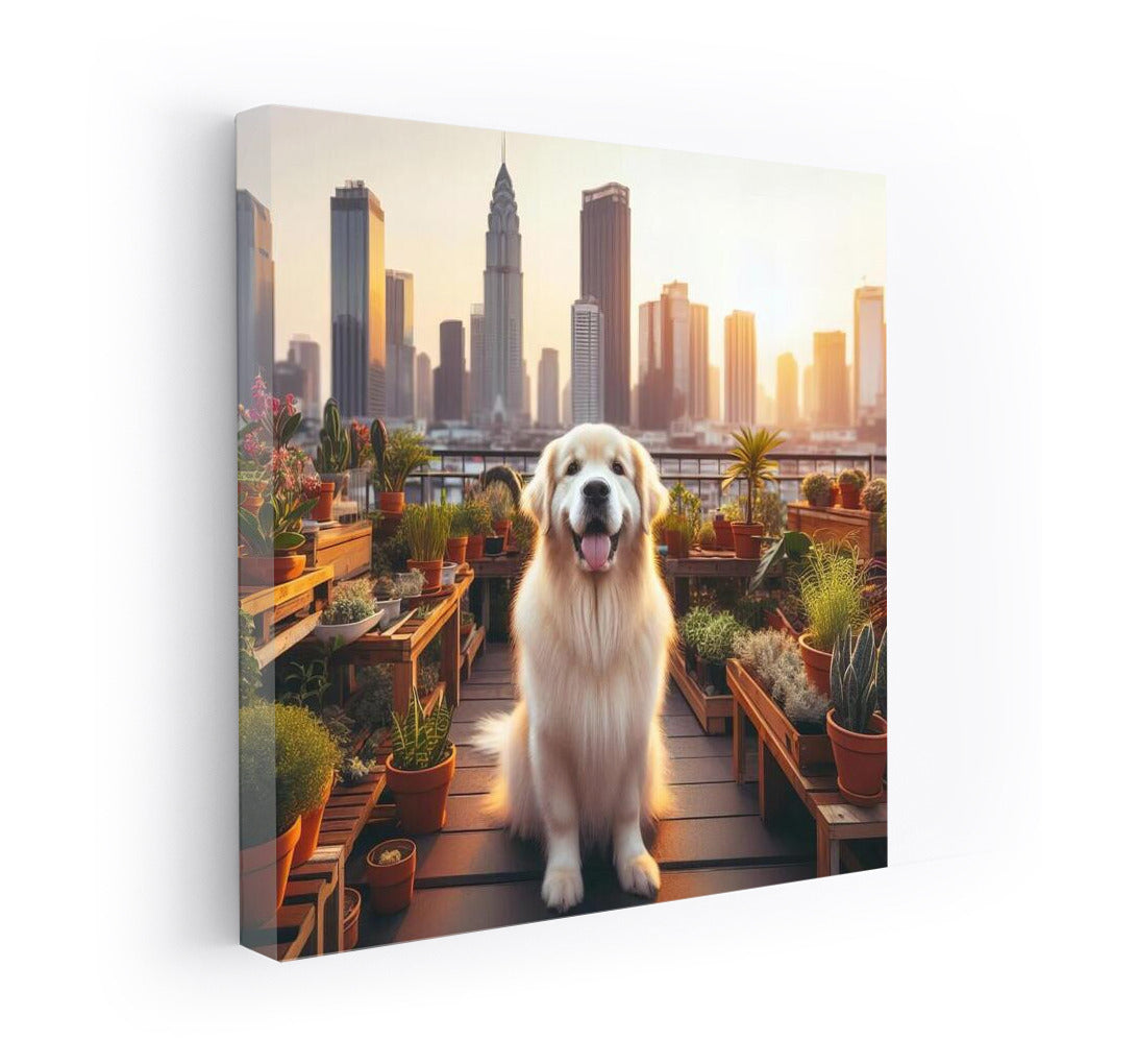 Urban Oasis: Dog on the Roof in the Embrace of Skyscrapers