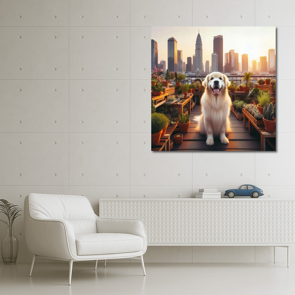 Urban Oasis: Dog on the Roof in the Embrace of Skyscrapers