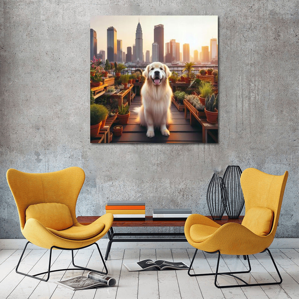 Urban Oasis: Dog on the Roof in the Embrace of Skyscrapers