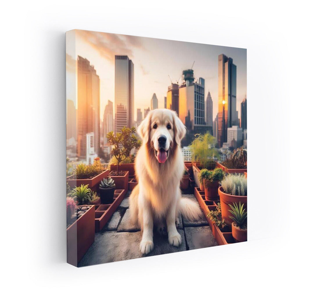 Sunset on the Roof: Dog in Urban Landscape