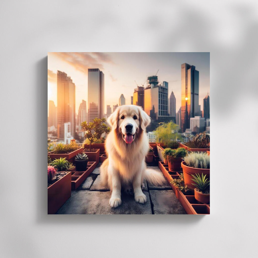 Sunset on the Roof: Dog in Urban Landscape