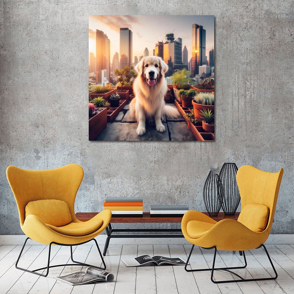 Sunset on the Roof: Dog in Urban Landscape