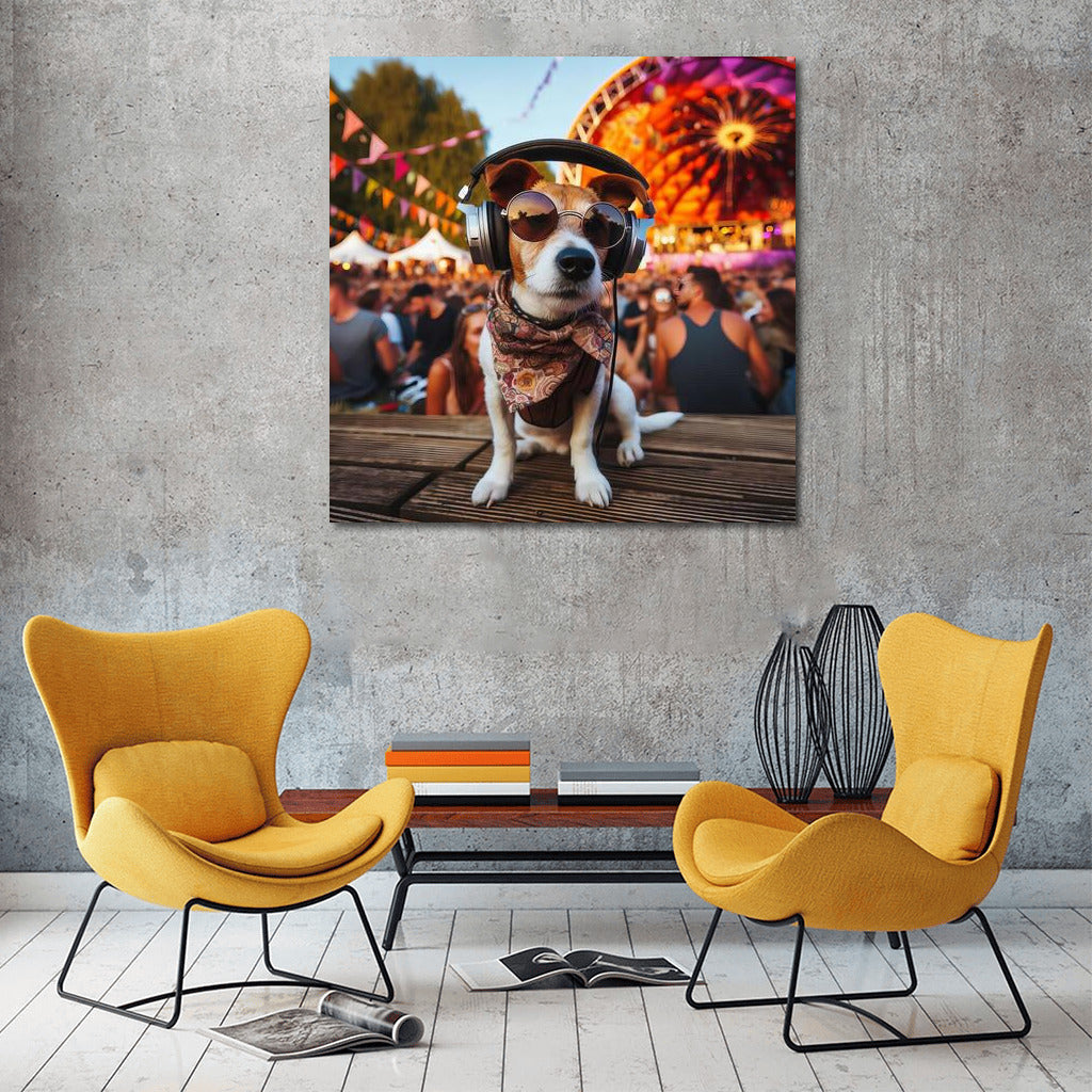 Music Festival: Dog in Stylish Headphones for a Fun Interior