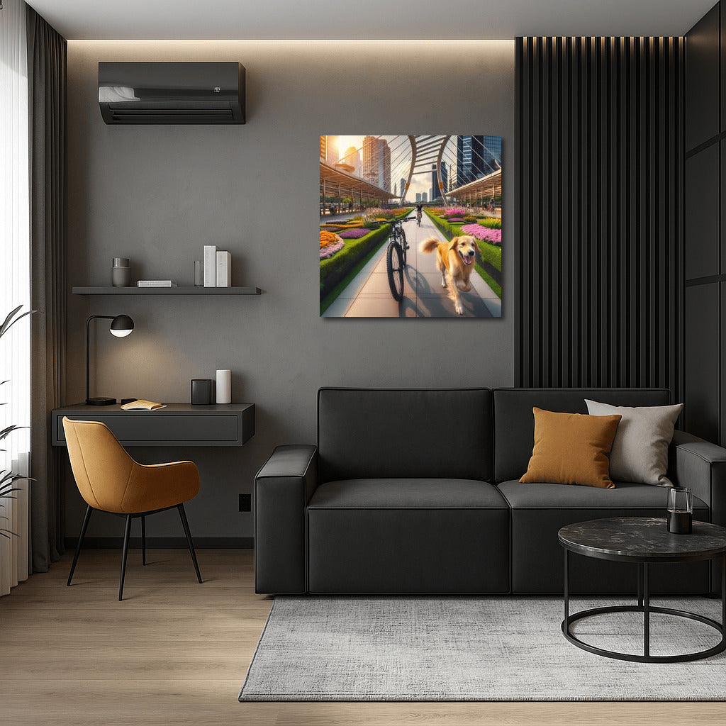 Bike Ride with Labrador in the City: Dynamic Wall Decor