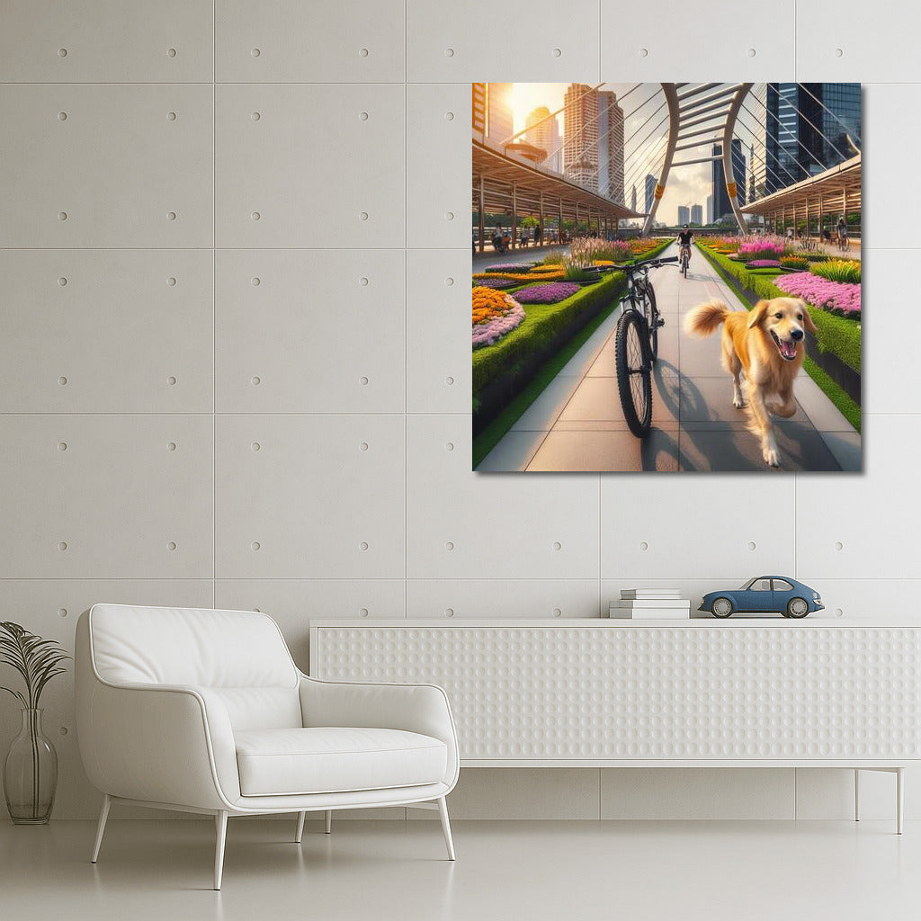 Bike Ride with Labrador in the City: Dynamic Wall Decor
