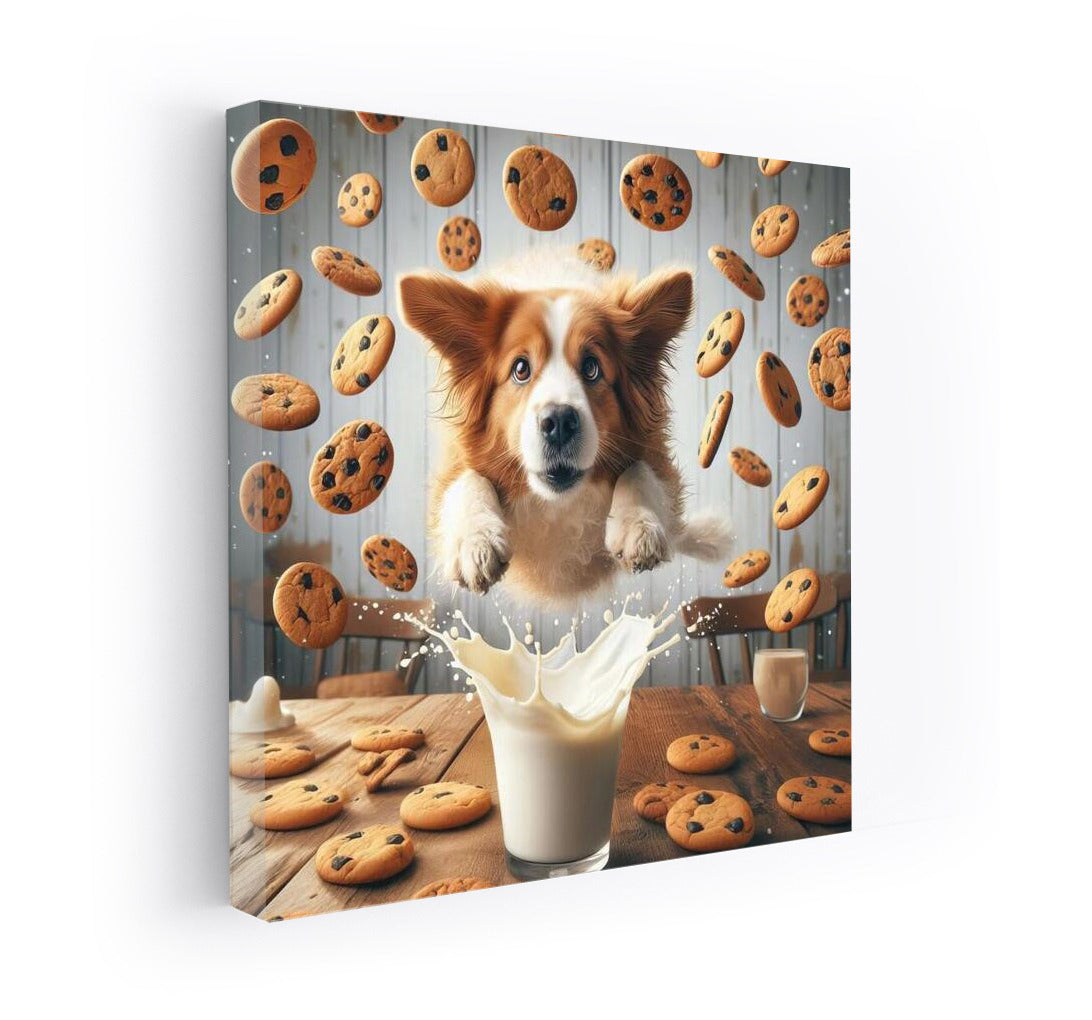 Dog in a milk pool with cookies: a fun kitchen decoration