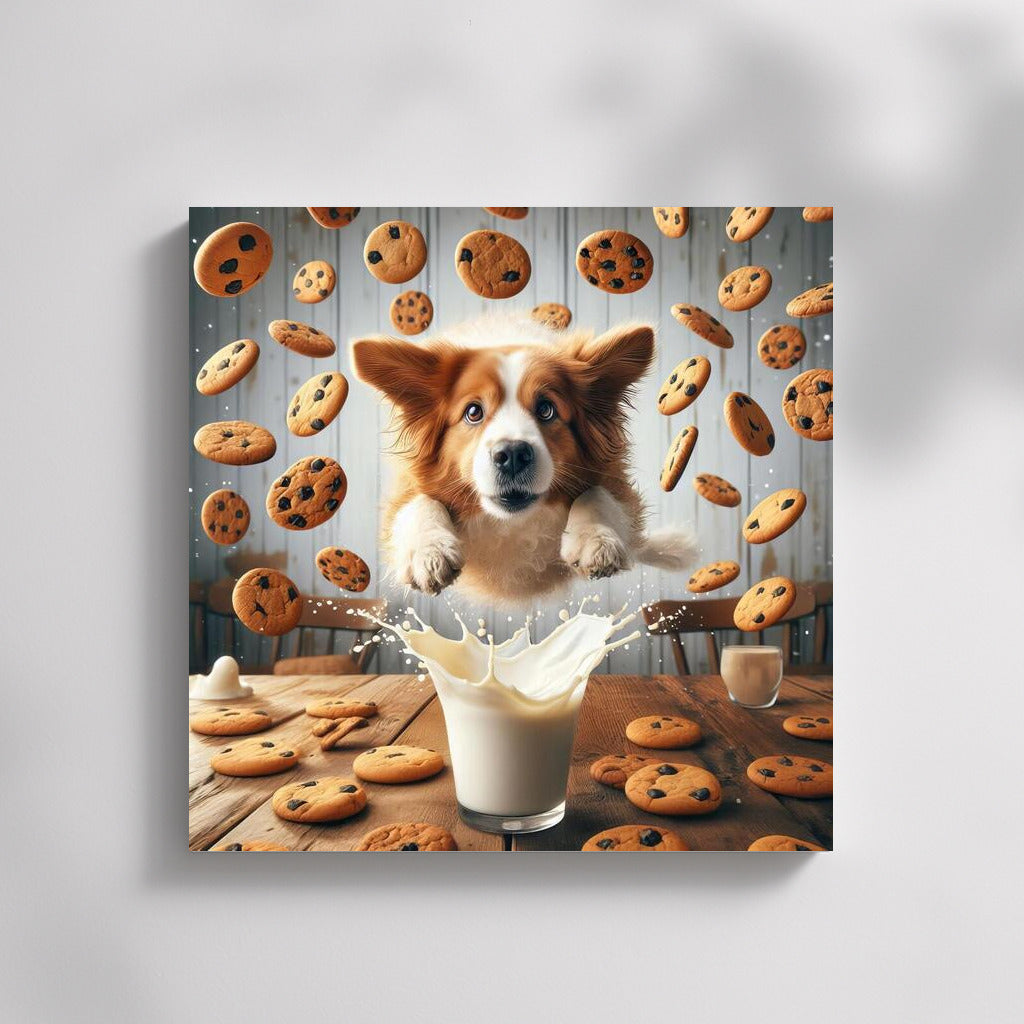 Dog in a milk pool with cookies: a fun kitchen decoration