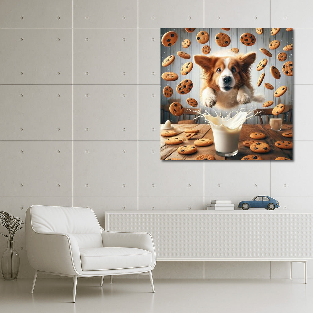 Dog in a milk pool with cookies: a fun kitchen decoration