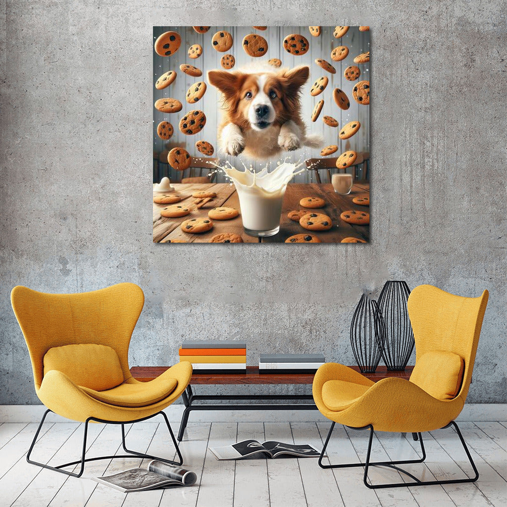 Dog in a milk pool with cookies: a fun kitchen decoration