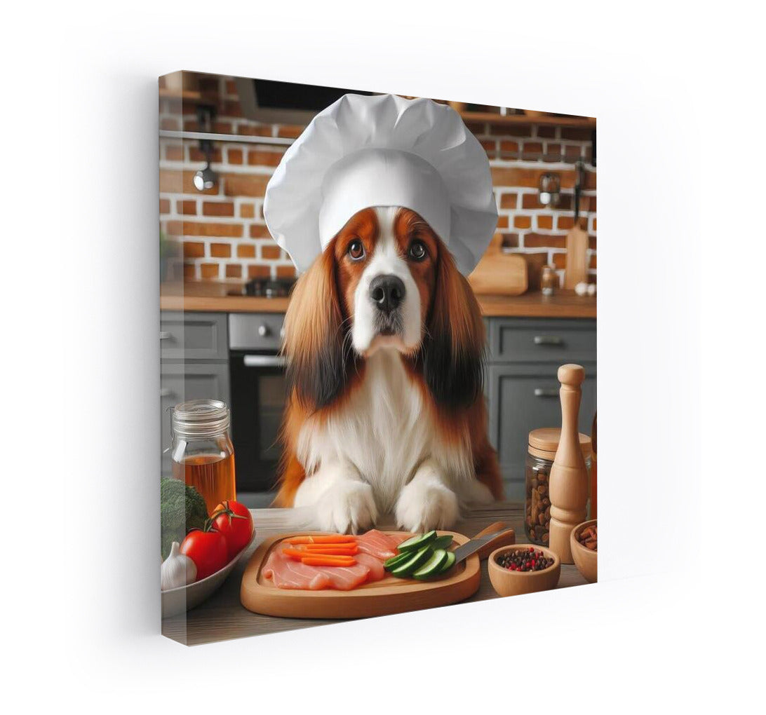 Chef on four legs: Dog in a hat prepares dinner in the kitchen