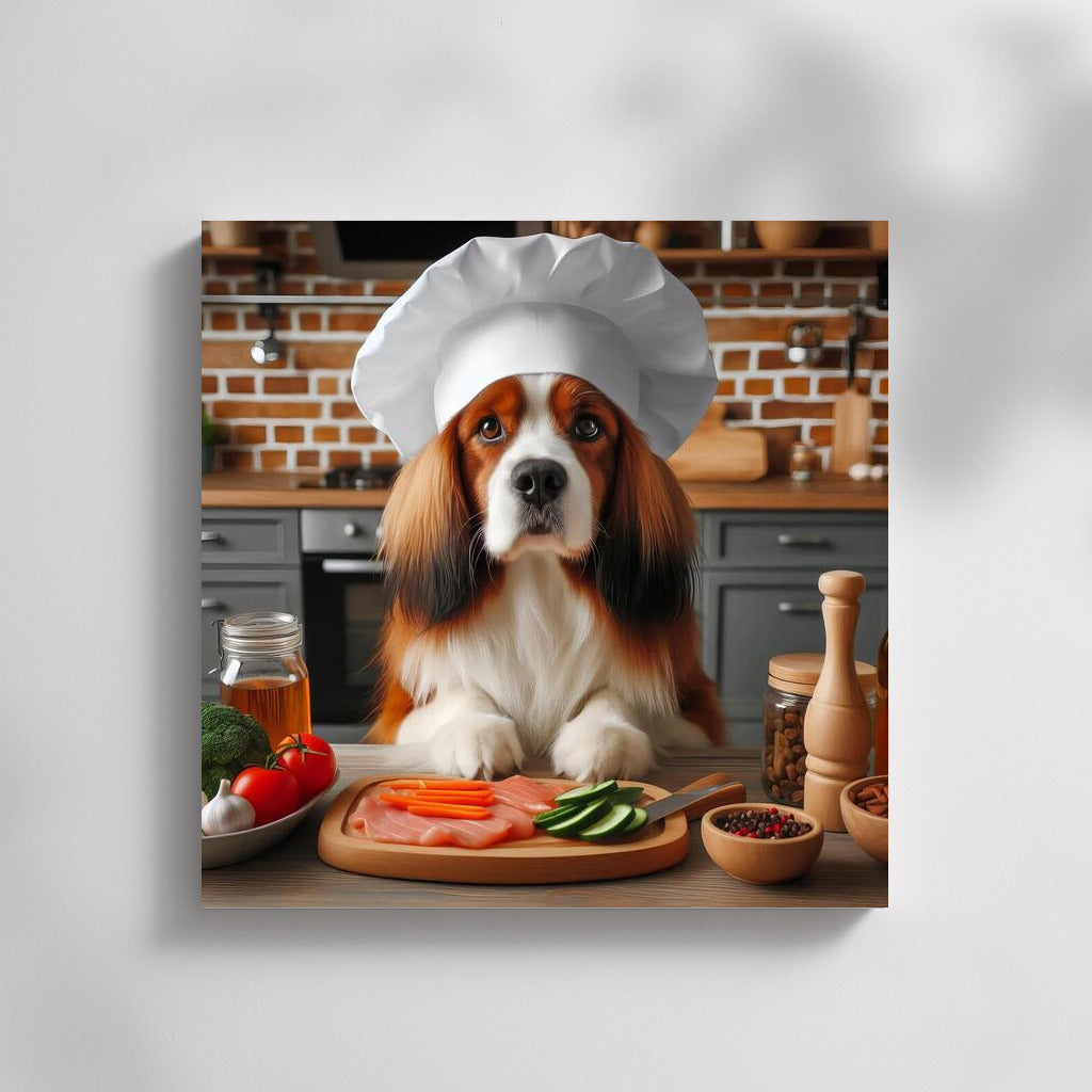 Chef on four legs: Dog in a hat prepares dinner in the kitchen