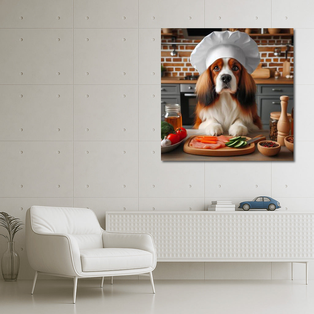 Chef on four legs: Dog in a hat prepares dinner in the kitchen