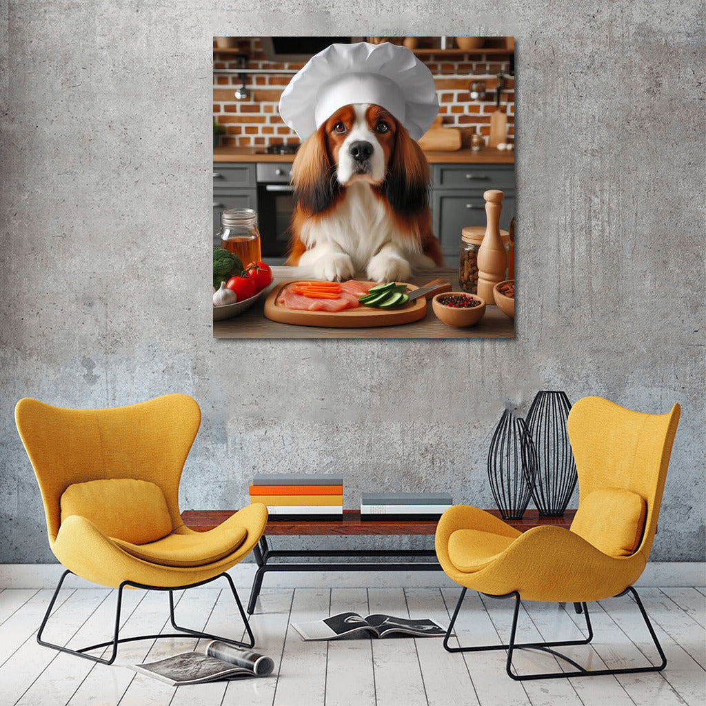 Chef on four legs: Dog in a hat prepares dinner in the kitchen
