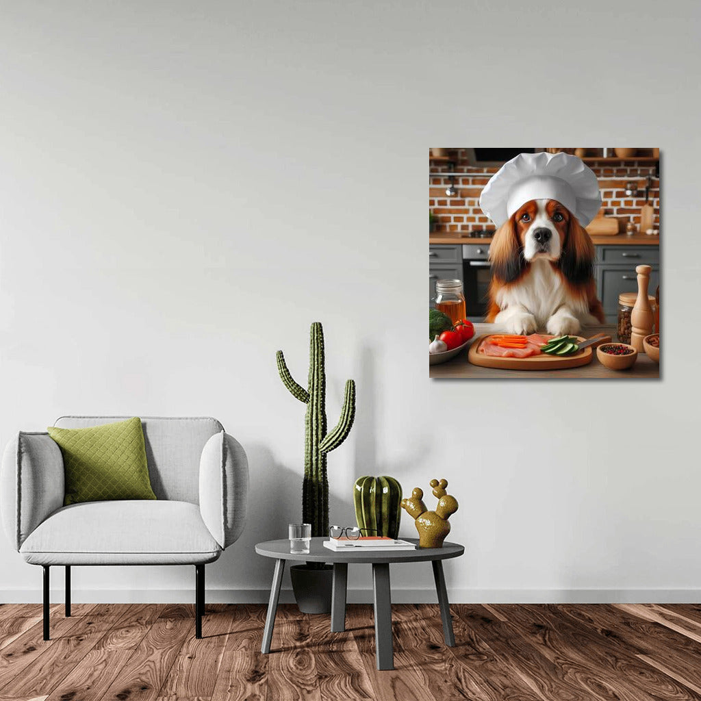 Chef on four legs: Dog in a hat prepares dinner in the kitchen
