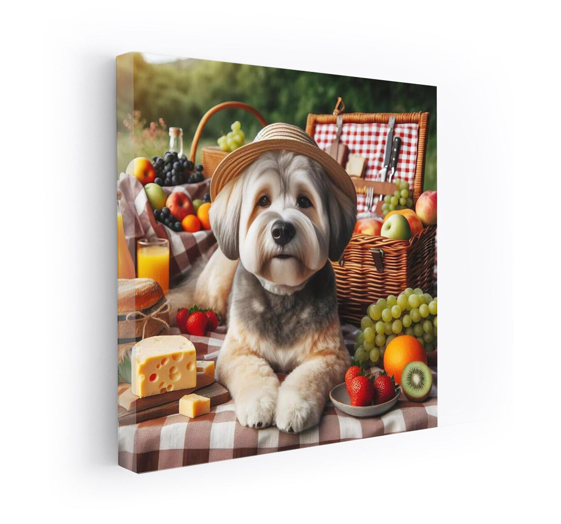 Picnic with Dog: Dog on a Checkered Blanket Among Fruits and Cheese