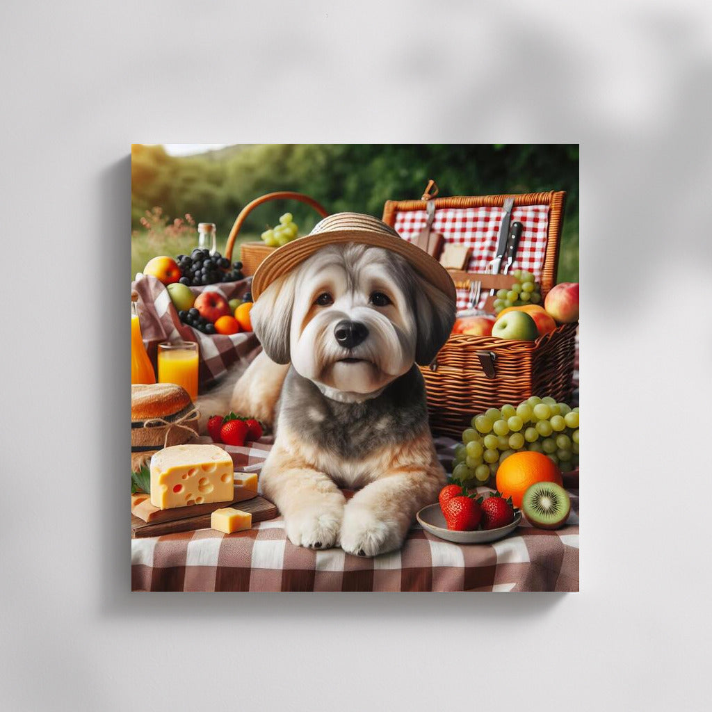 Picnic with Dog: Dog on a Checkered Blanket Among Fruits and Cheese