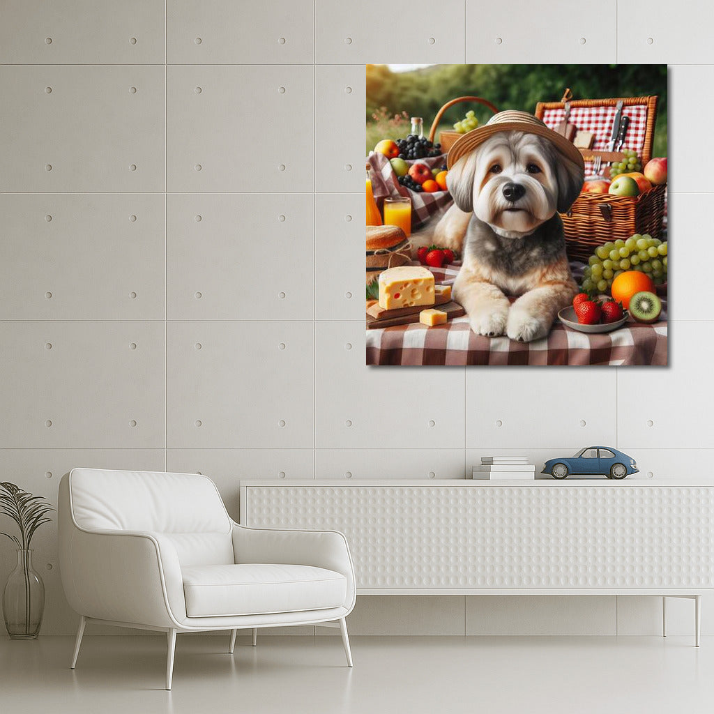 Picnic with Dog: Dog on a Checkered Blanket Among Fruits and Cheese