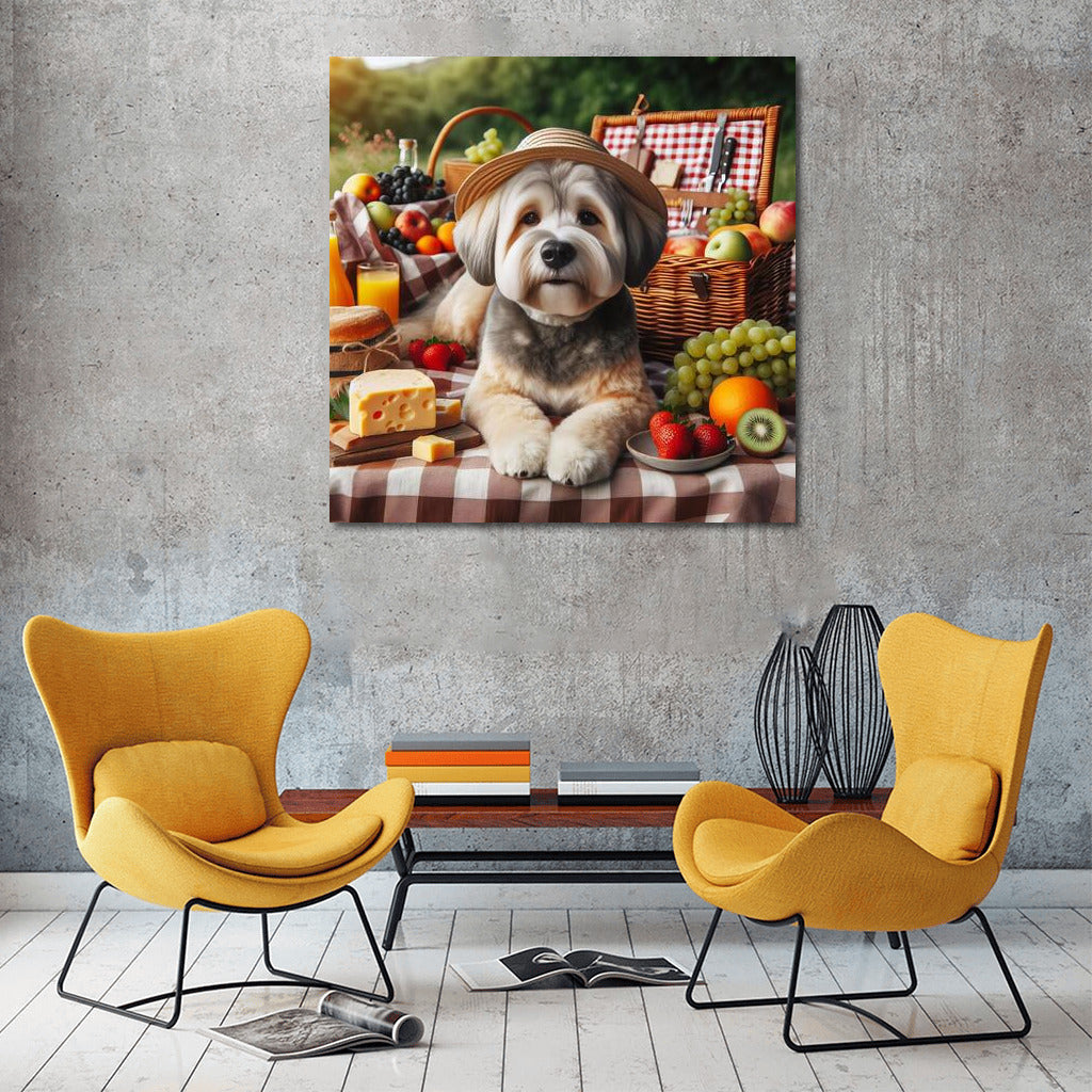 Picnic with Dog: Dog on a Checkered Blanket Among Fruits and Cheese