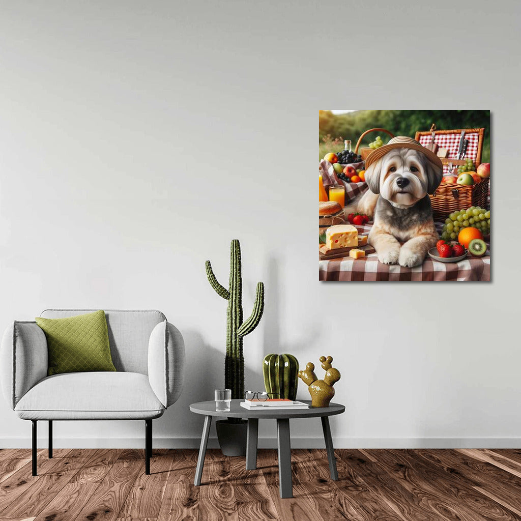 Picnic with Dog: Dog on a Checkered Blanket Among Fruits and Cheese