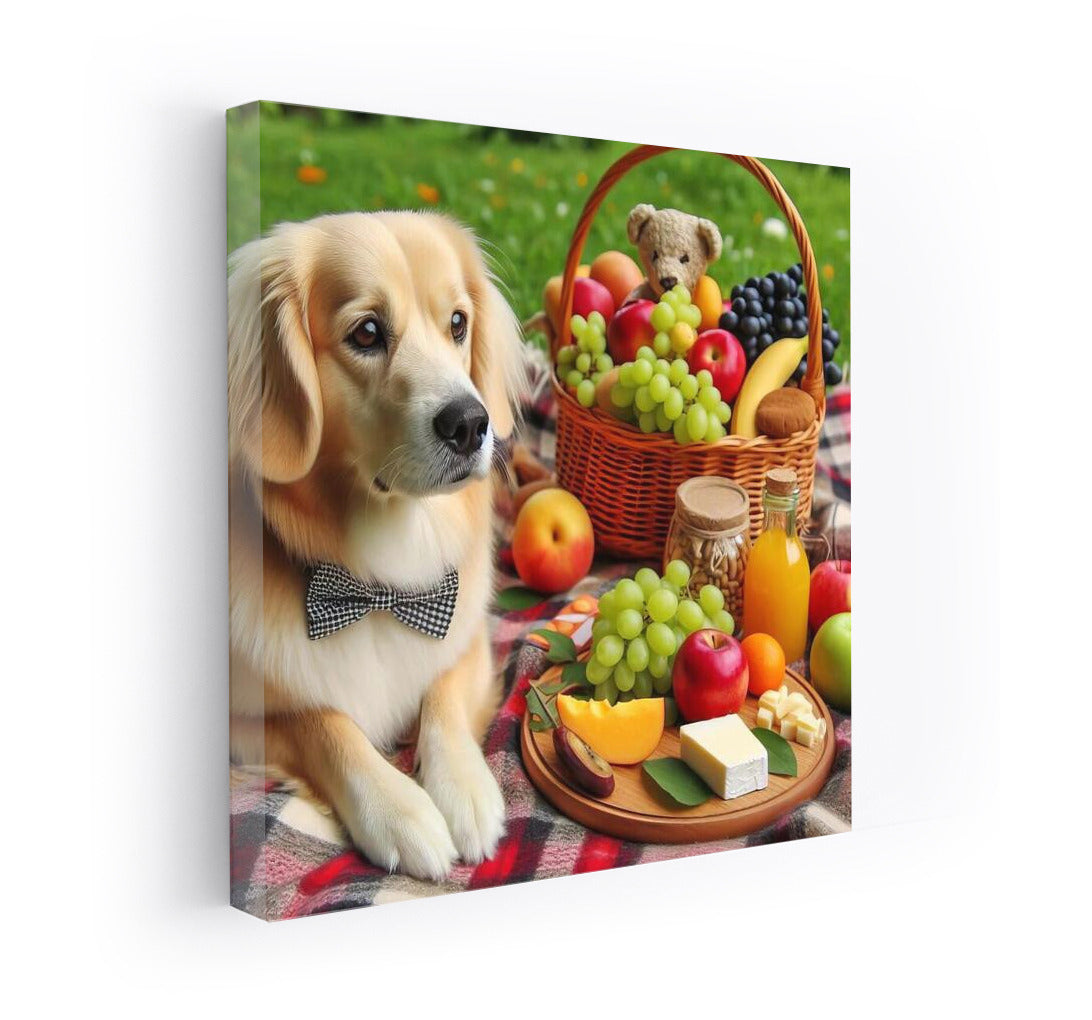 Dog on a picnic: cozy on a plaid blanket with fruits and cheese