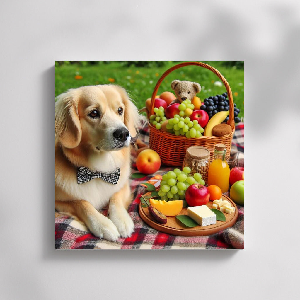 Dog on a picnic: cozy on a plaid blanket with fruits and cheese