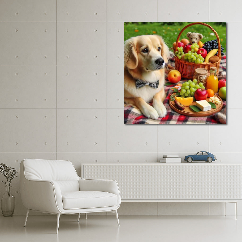Dog on a picnic: cozy on a plaid blanket with fruits and cheese