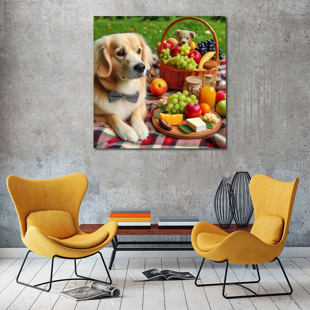 Dog on a picnic: cozy on a plaid blanket with fruits and cheese