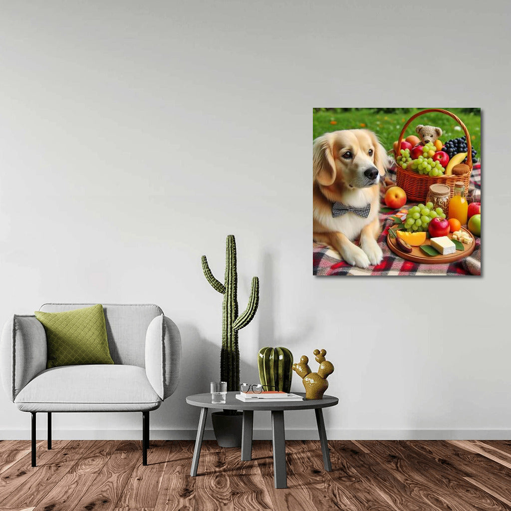 Dog on a picnic: cozy on a plaid blanket with fruits and cheese