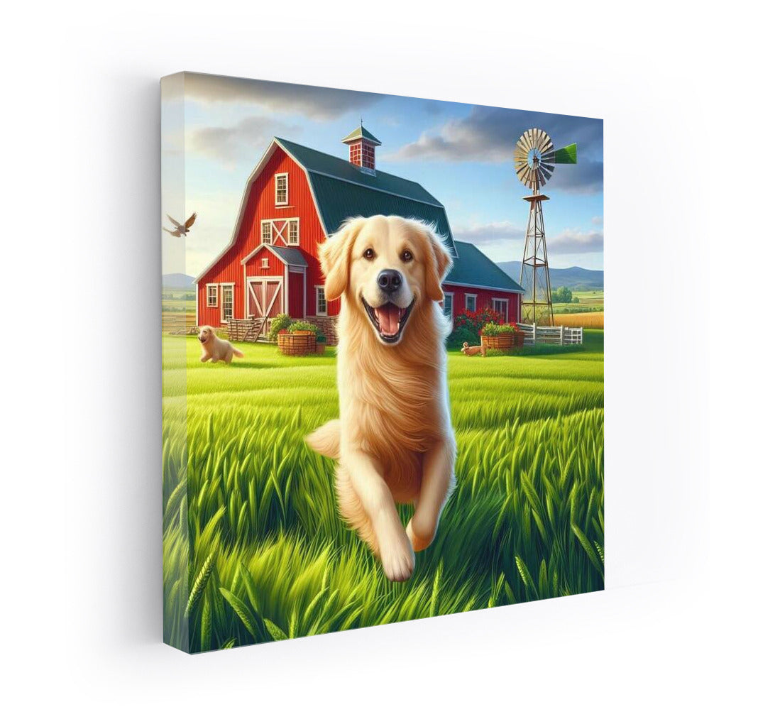 Happy Dog on the Farm: Red Barn and Green Fields