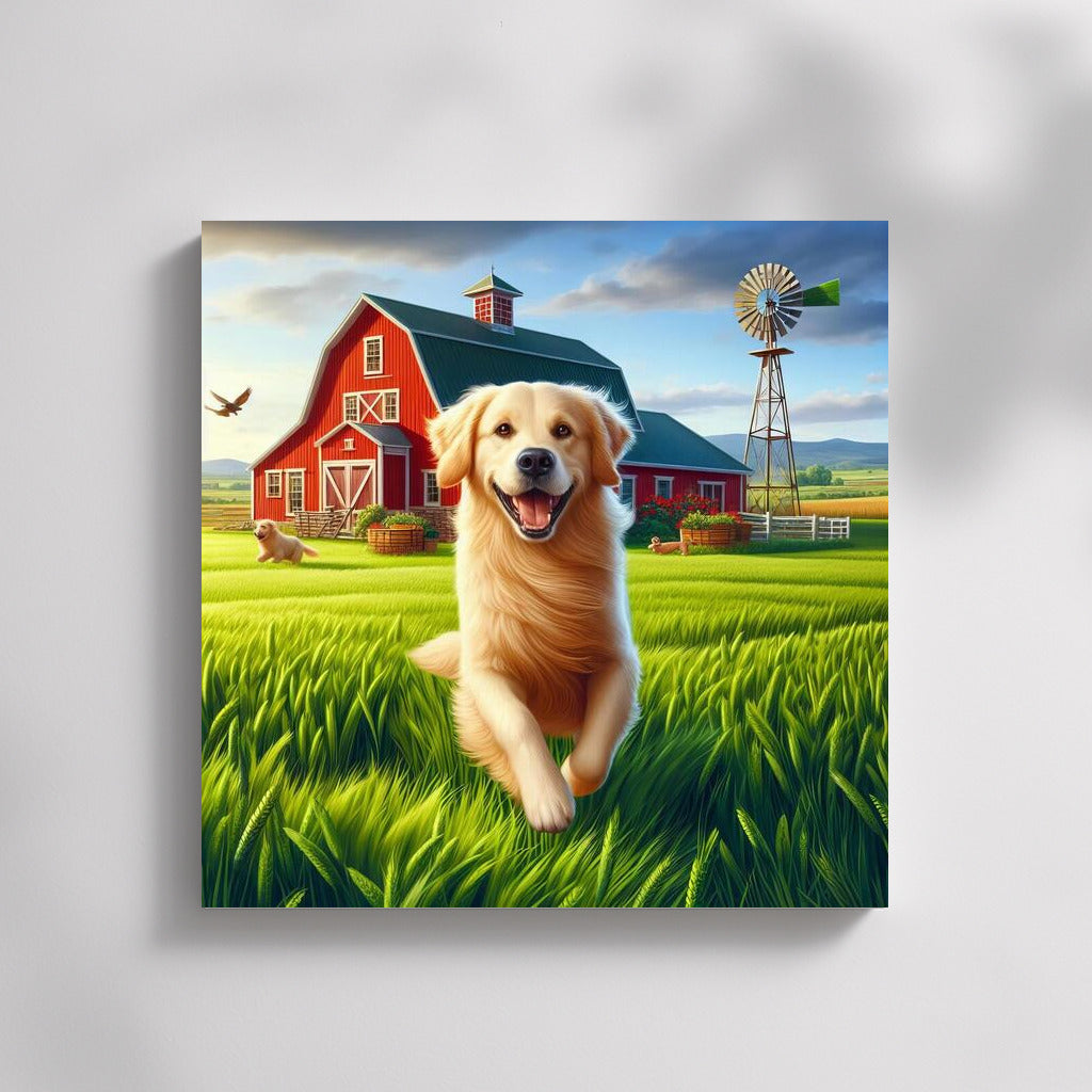 Happy Dog on the Farm: Red Barn and Green Fields