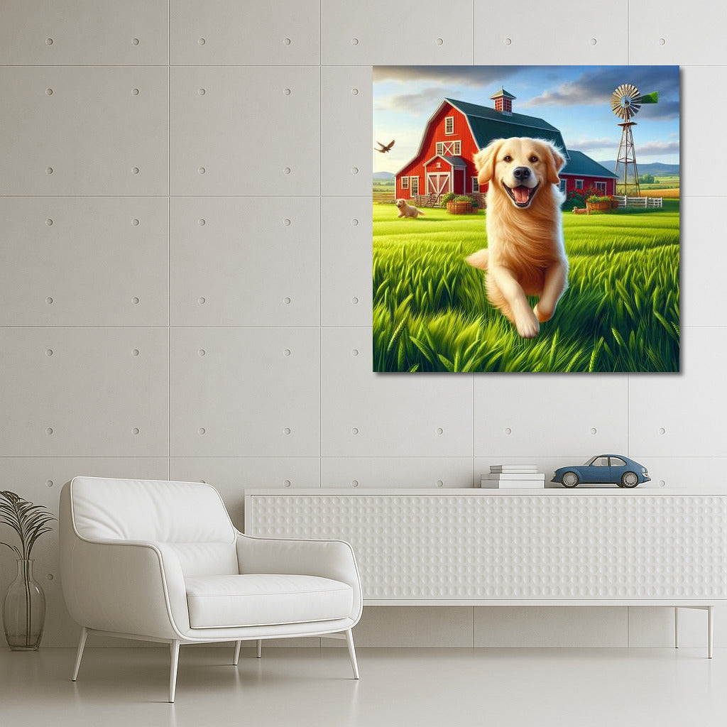 Happy Dog on the Farm: Red Barn and Green Fields