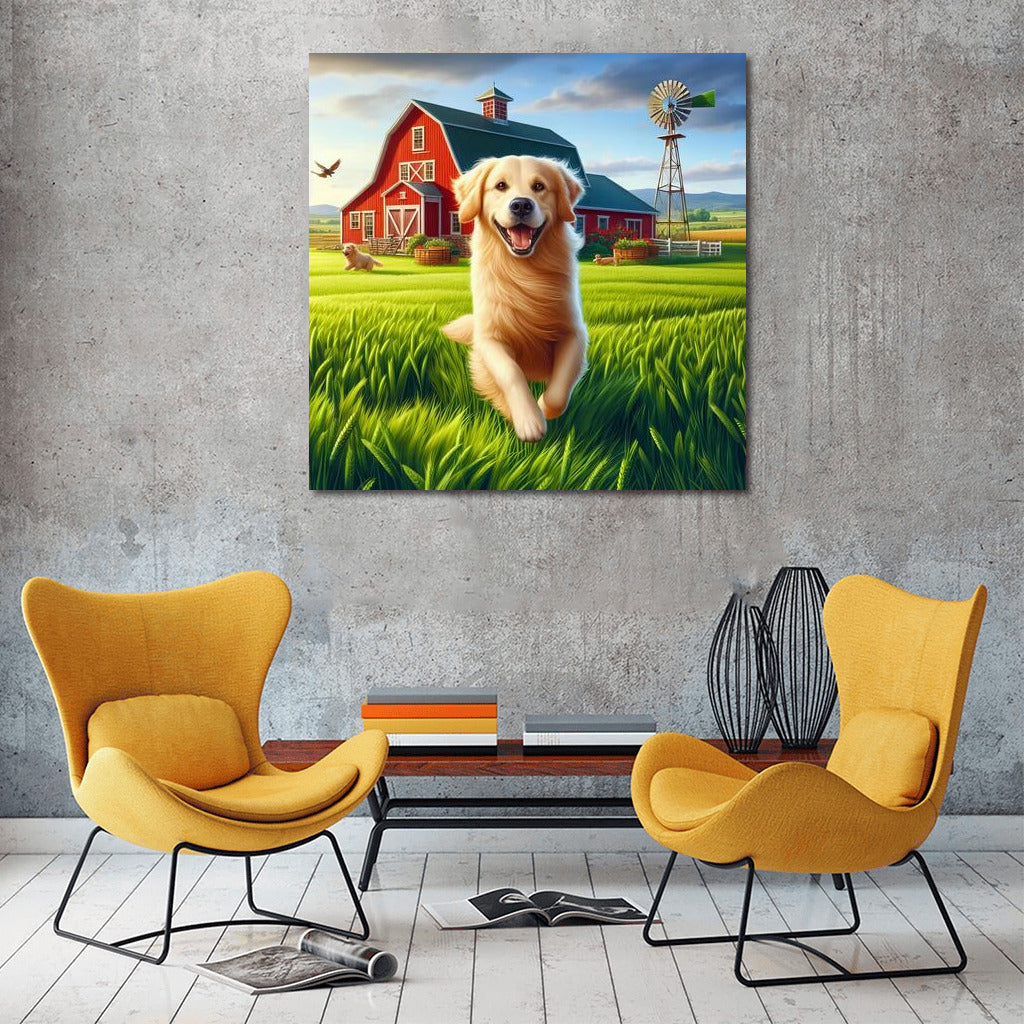 Happy Dog on the Farm: Red Barn and Green Fields