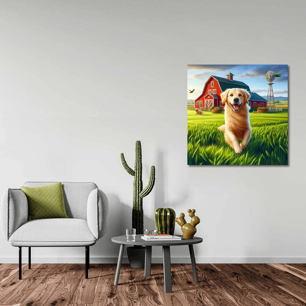 Happy Dog on the Farm: Red Barn and Green Fields