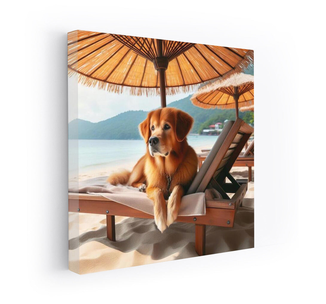 Beach Relax: Dog on a Sunbed under an Umbrella