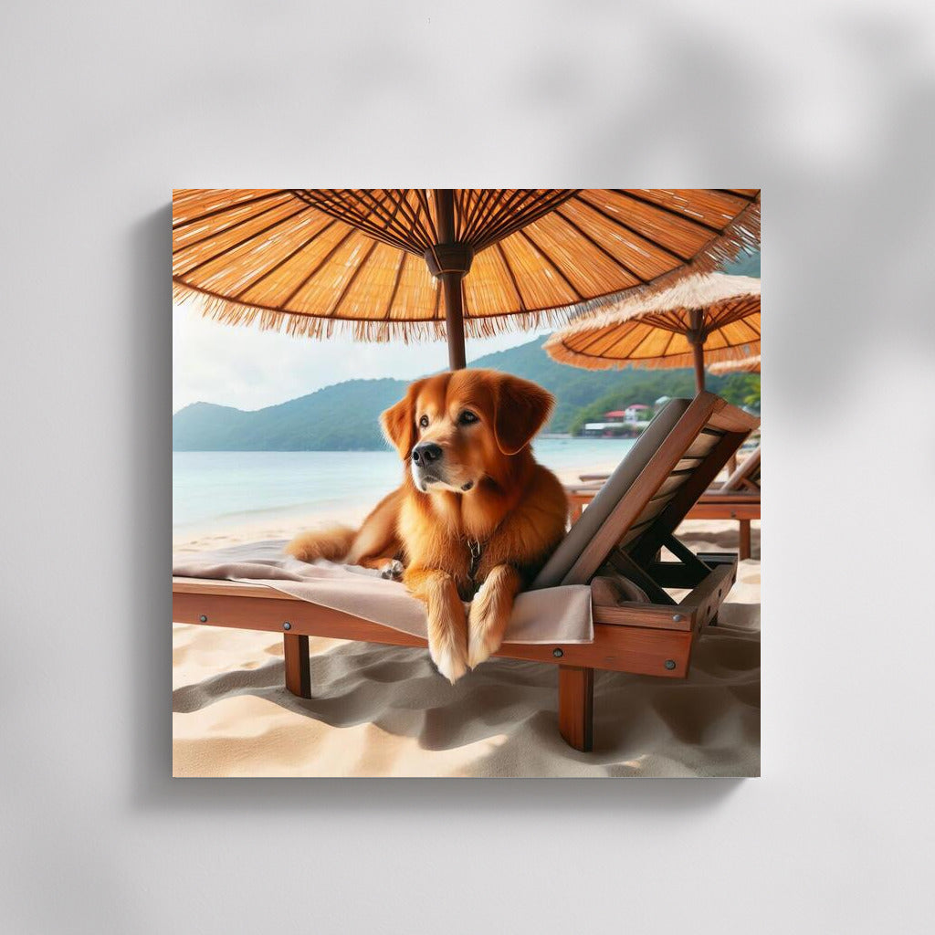 Beach Relax: Dog on a Sunbed under an Umbrella